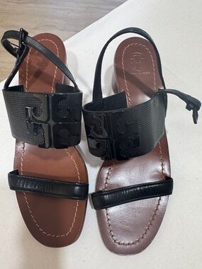 Tory Burch Black Leather and Brown Footbed Sandals